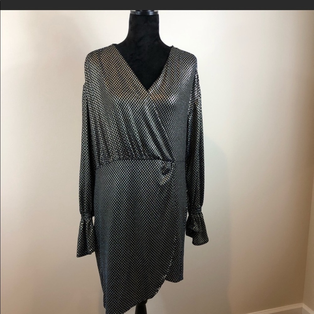 Zara Black Gold Blue Bell Sleeves Dress M NWT